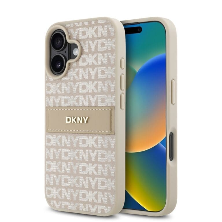 DKNY PU Leather Repeat Pattern Tonal Stripe Pink iPhone 16 Plus Tok